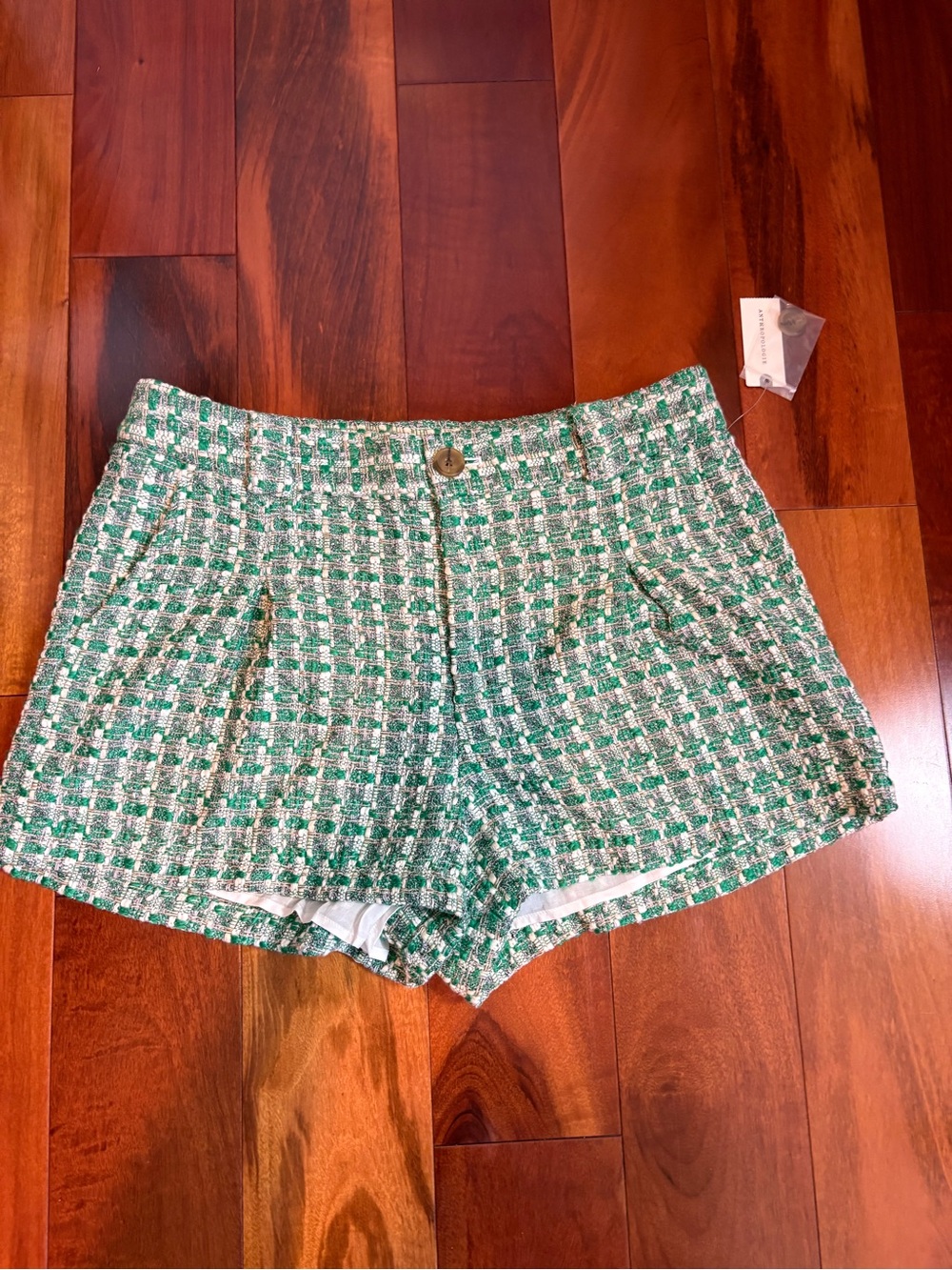 Anthropologie Green Tweed High-Waist Shorts